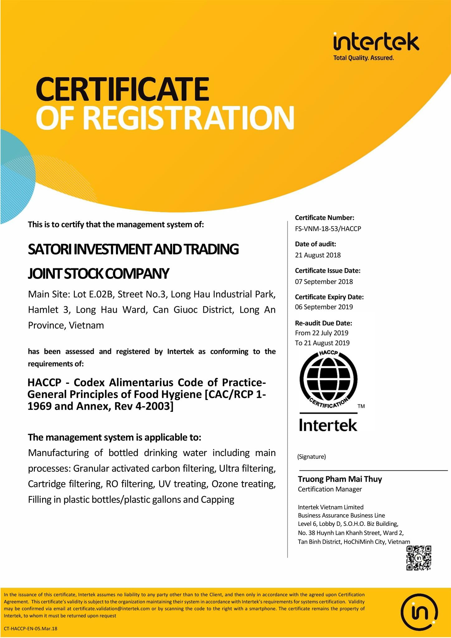 haccp certificate e satori satori water